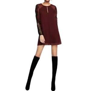 BCBGeneration Women’s Polyester Crochet Mini Dress Burgundy with Lace Sleeves Sm